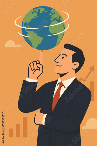 Confident businessman skillfully balances spinning Earth globe on fingertip, symbolizing global economy management, international finance strategy, business growth, and worldwide market power.