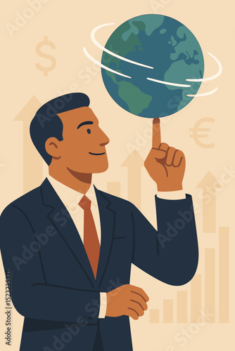 Global financial control concept. Businessman skillfully balancing spinning Earth, representing international economy, forex markets, investment strategy, and world trade growth. Dollar, Euro.