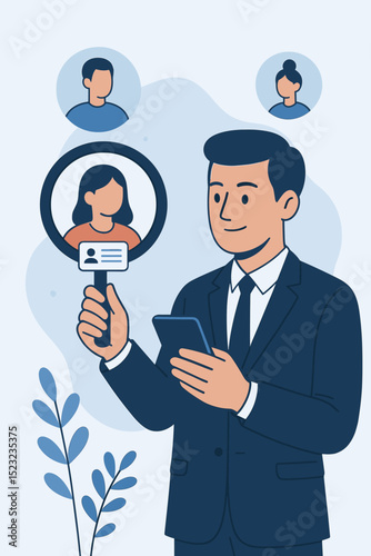 HR professional using mobile app for identity verification, employee background check. Recruitment process, talent acquisition. Man in suit selects candidate profile online. KYC security.