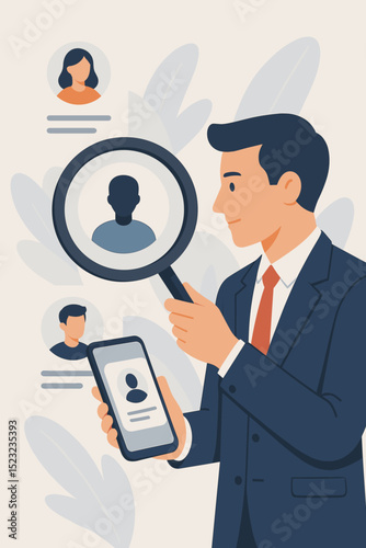 Businessman using smartphone and magnifying glass for identity verification process. Concept of KYC, AML, recruitment, HR, talent acquisition, background check, data security, digital identity.