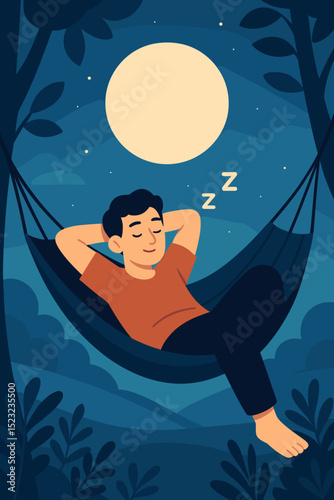 Man Sleeping in Hammock Under Full Moon: Moonlit night relaxation, peaceful dream in nature. Outdoor leisure, tranquility, calm rest. Serene vector illustration for wellbeing, sleep.