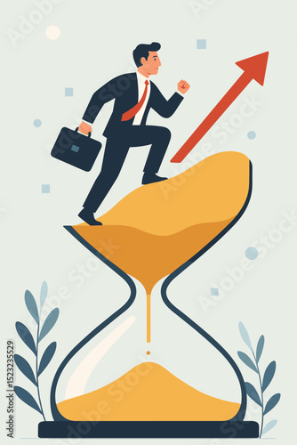 Businessman climbing hourglass. Career success. Time management metaphor. Progress ambition. Deadline race. Growth strategy. Upward arrow achievement. Corporate professional. Opportunity concept.