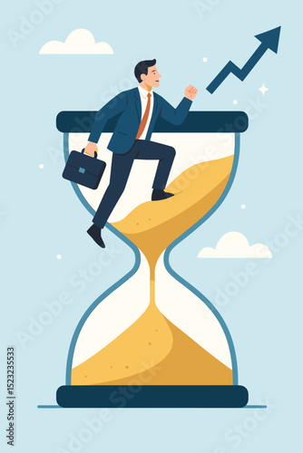 Businessman climbing inside hourglass, symbol of time management and career success. Metaphor for ambition, progress, growth, and achieving goals. Upward arrow. Business development concept vector.