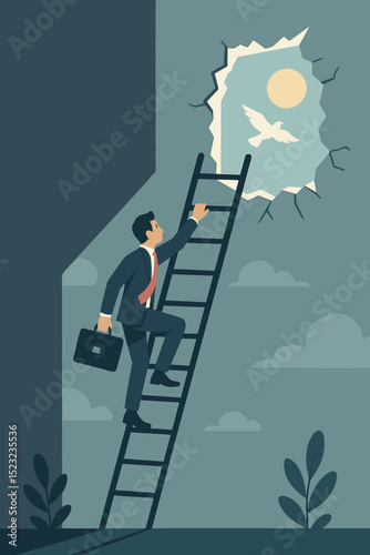 Businessman climbing ladder towards success, breaking wall for freedom and new opportunity. Metaphor for career growth, ambition, hope, overcoming obstacles, vision, new beginnings, achievement.