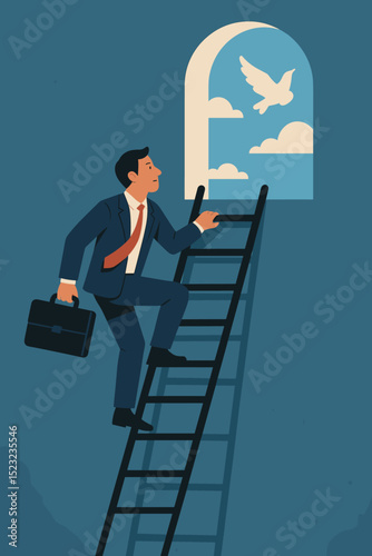Businessman climbing ladder towards success and freedom. Corporate ambition, career growth. Man with briefcase seeking opportunity, looking through window at sky with dove. Future aspiration.