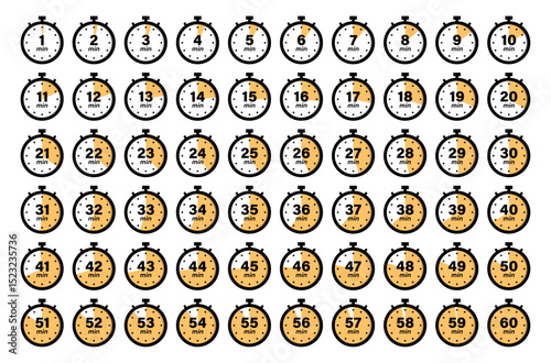 Stopwatch icon set from 1 to 60 minute timer countdown in yellow color. Vector