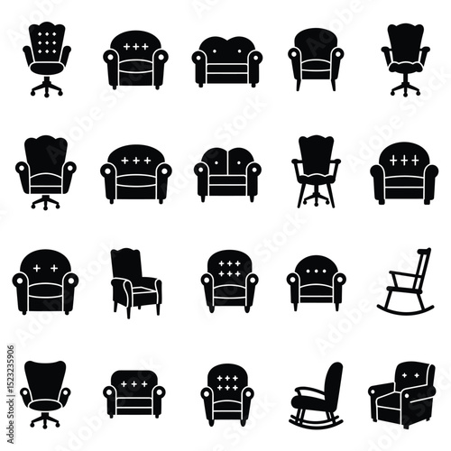 Chair icon set in flat style. Chair and Seating icons silhouettes vector design template. modern soft fabric office arm chairs