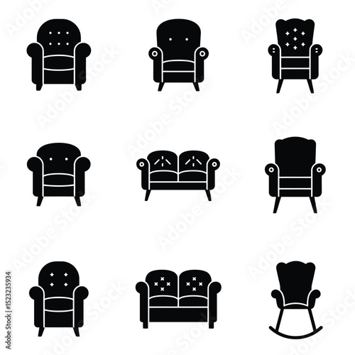 Chair icon set in flat style. Chair and Seating icons silhouettes vector design template. modern soft fabric office arm chairs