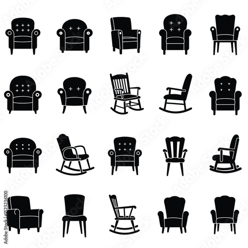 Chair icon set in flat style. Chair and Seating icons silhouettes vector design template. modern soft fabric office arm chairs