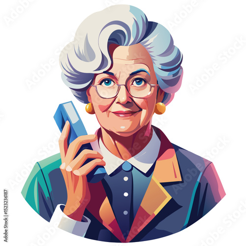 Elderly woman holding telephone with warm smile by sunny window — cozy vintage atmosphere of heartfelt connections.