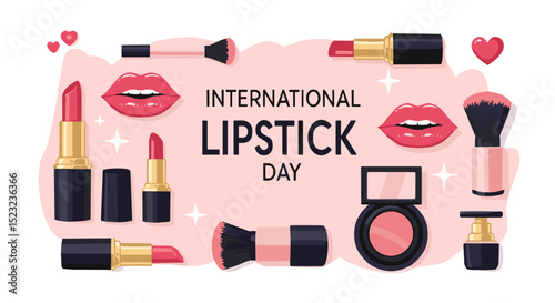 Lipstick gift icon in flat style, soft pink and black colors, beauty product illustration for International Lipstick Day