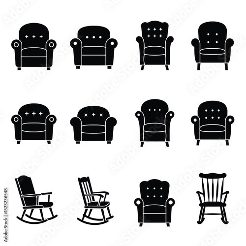 Chair icon set in flat style. Chair and Seating icons silhouettes vector design template. modern soft fabric office arm chairs