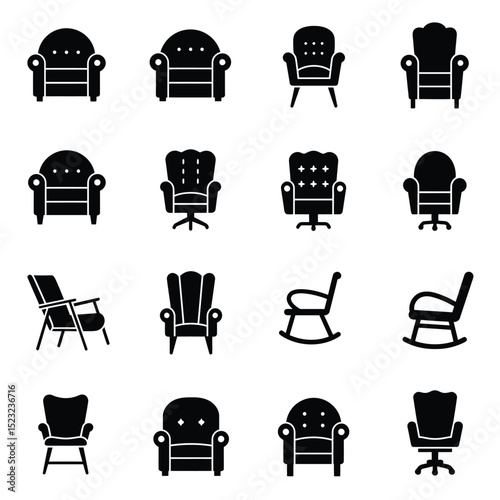 Chair icon set in flat style. Chair and Seating icons silhouettes vector design template. modern soft fabric office arm chairs