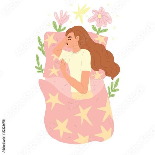 Vector illustration with sleeping person in pajamas on white background. Young woman sleeping peacefully in her bed, covered with a blanket surrounded by stars and flowers from a dream.