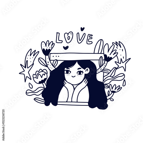 Vector illustration of online application concept for video chat, internet conversation, call technology. Video player window with young woman in love surrounded by flowers. 