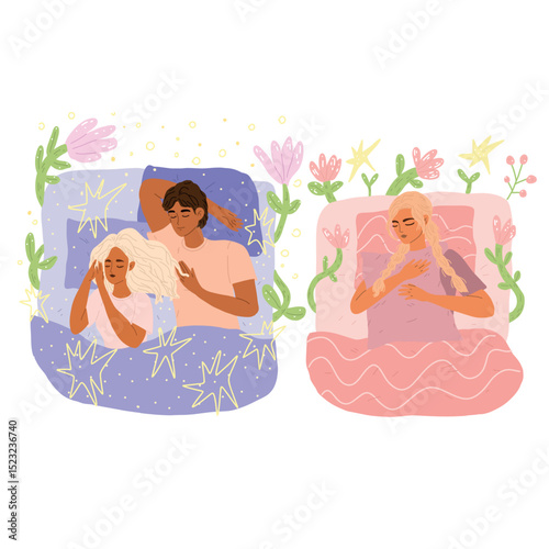 Vector illustration with sleeping people on white background. Loving couple and girl are sleeping peacefully in their bed on a pillow surrounded by stars and flowers from a dream.