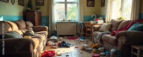 A messy living room with discarded clothes, toys scattered on the floor, and unwashed dishes piled high in the sink; a clear image of domestic disarray , domestic disarray, toys