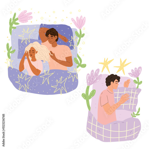 Vector illustration with sleeping people on white background. Set with loving couple and guy sleeping peacefully in their bed on pillow surrounded by stars and flowers from dream.