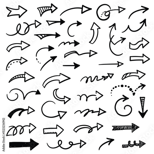 Hand drawn arrow set featuring curved, straight, dotted, and swirled arrows design, arrow vector for creative design, presentations, infographics, and decorative purposes