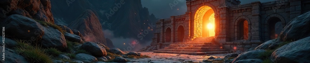 Fototapeta premium An ancient, mystical stone structure holds a glowing orb, radiating ethereal energy Secrets and untold power are hinted at within its enigmatic depths A place of wonder and mystery , fortress, shrine