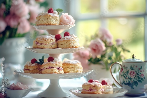 Delightful afternoon tea featuring scones, pastries, and floral arrangements in a cozy setting