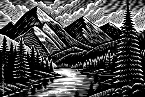 black and white sketch vector of a mountain range with pine trees and a flowing river through the valley