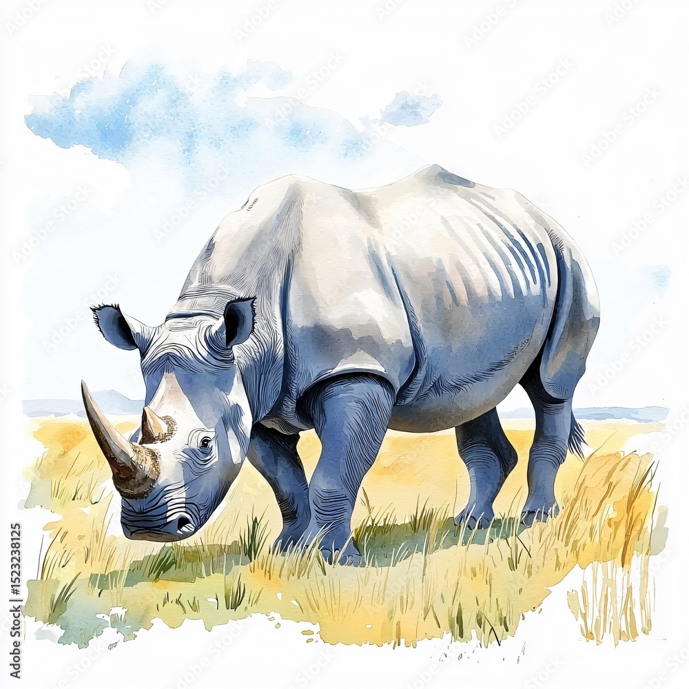 Fototapeta premium Majestic rhinoceros grazing in serene grasslands nature illustration vibrant watercolor environment wildlife viewpoint conservation concept