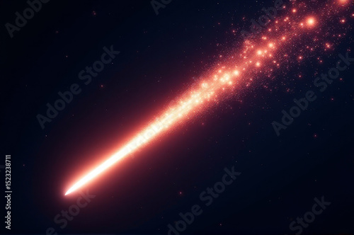 A bright red comet zooms through the dark night sky, surrounded by stars and galaxies