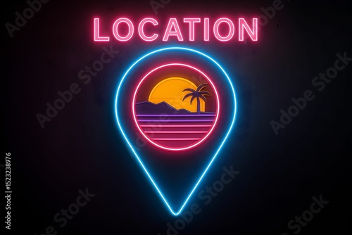 Bright neon sign depicting a sunset with palm trees at a tropical location