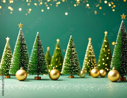 Christmas trees, gold ornaments, teal background