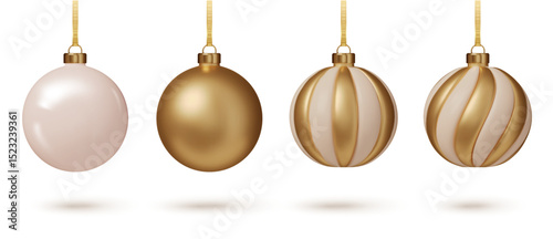 Gold Christmas balls realistic hanging on ribbons. Realistic 3D baubles for winter holiday home decor. Isolated vector elements PNG