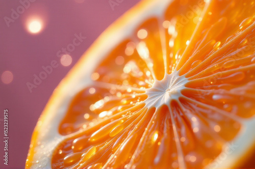 Fresh orange slice with water droplets, perfect for food and beverage related concepts