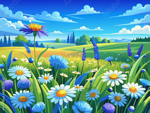 vector of Beautiful chamomile meadow flowers, blue wild peas in the morning against a blue sky with clouds, nature landscape, artistically pleasant and pastorally pleasant...