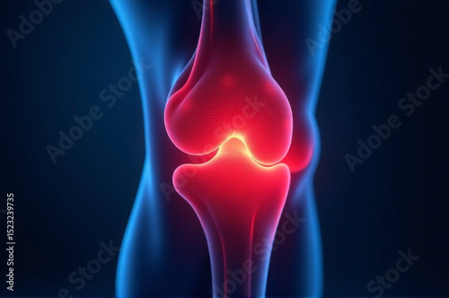 Anatomical illustration of a human knee with the joint highlighted for medical or educational purposes