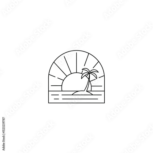 logo design sunset on tropical beach island. tropical island monoline design isolated on white background