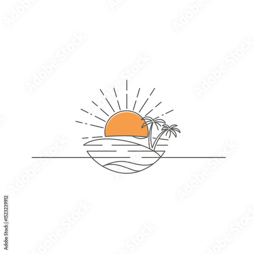 logo design sunset on tropical beach island. tropical island monoline design isolated on white background