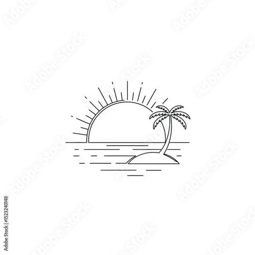 logo design sunset on tropical beach island. tropical island monoline design isolated on white background