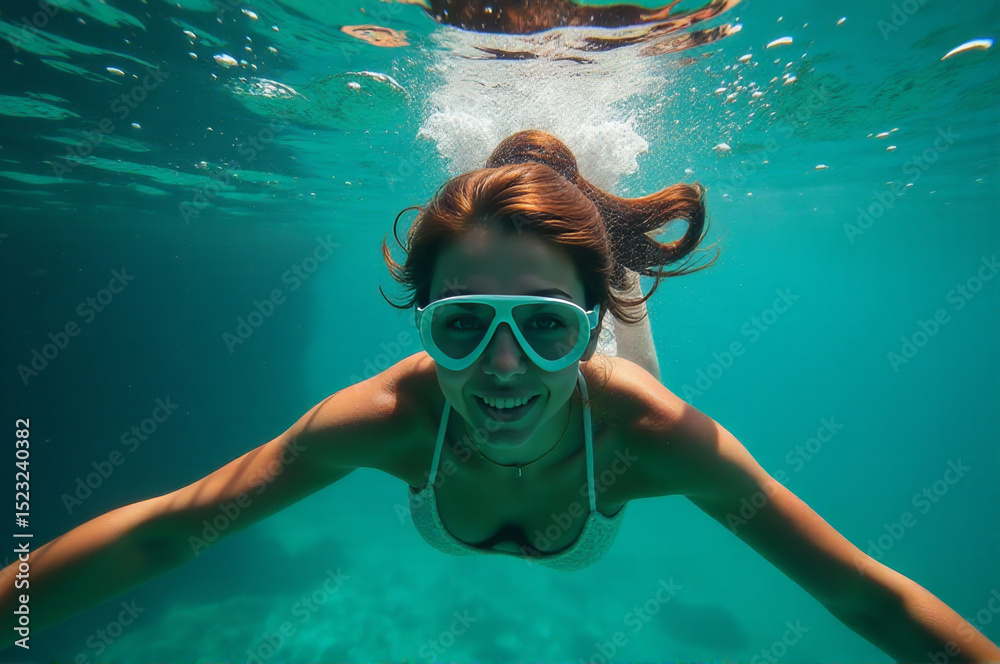 Fototapeta premium A woman swims underwater wearing a bikini and goggles