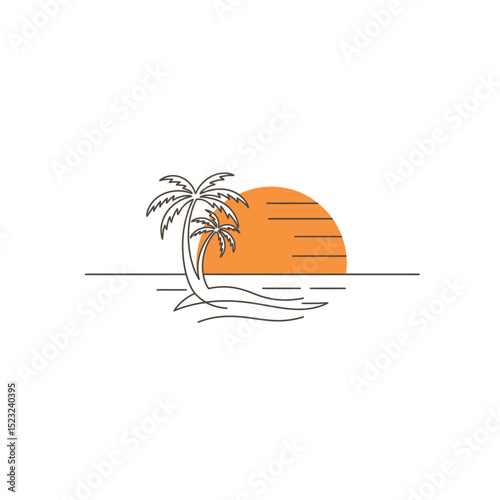 logo design sunset on tropical beach island. tropical island monoline design isolated on white background