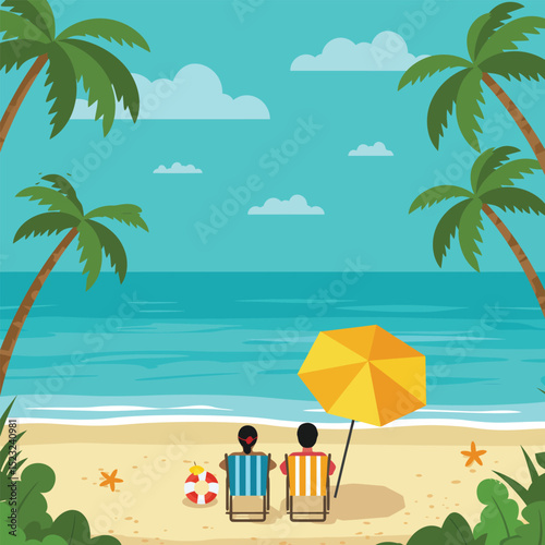 Beach With Palm Trees Icon Summer Vacation On Tropical Island Travel Concept Flat Vector Illustration