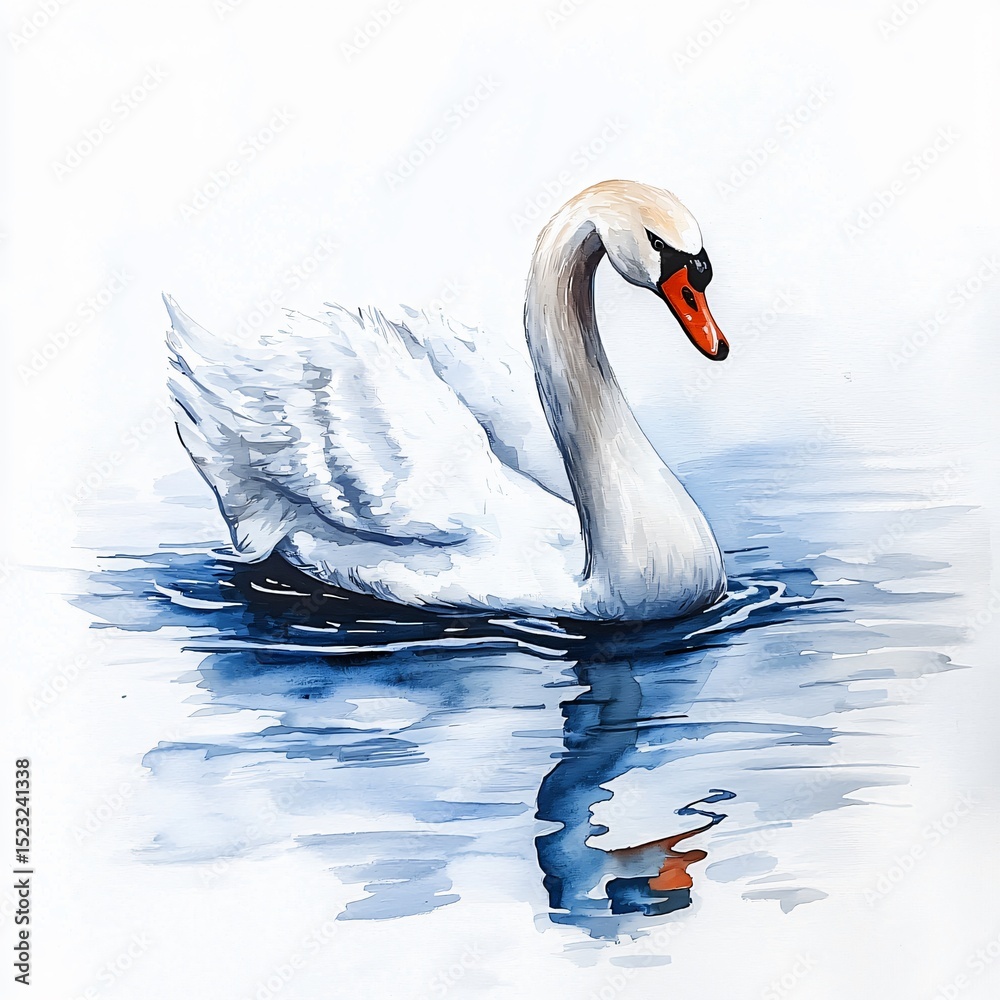 Fototapeta premium Graceful swan gliding through tranquil lake reflections serene nature scene watercolor art peaceful environment artistic perspective