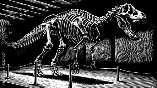 A prehistoric black and white sketch vector of a dinosaur skeleton displayed in a museum hall