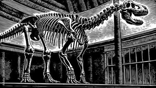 A prehistoric black and white sketch vector of a dinosaur skeleton displayed in a museum hall