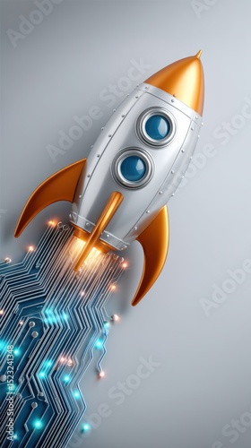 Metallic rocket surging from a circuit board with glowing pathways