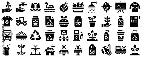 Ecology icon set featuring nature symbols and sustainable actions