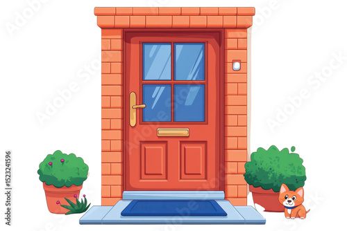 A welcoming red door adorned with potted plants invites you home with a cute puppy set against on transparent background