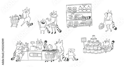 Sarcastic Grocery Characters in Hand-Drawn Comic Doodle Style with Humor and Whimsy