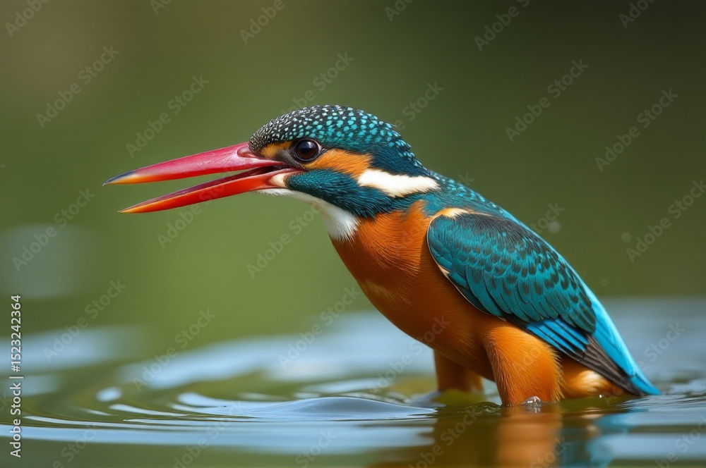 Fototapeta premium A bird with a distinctive long beak swims in the water