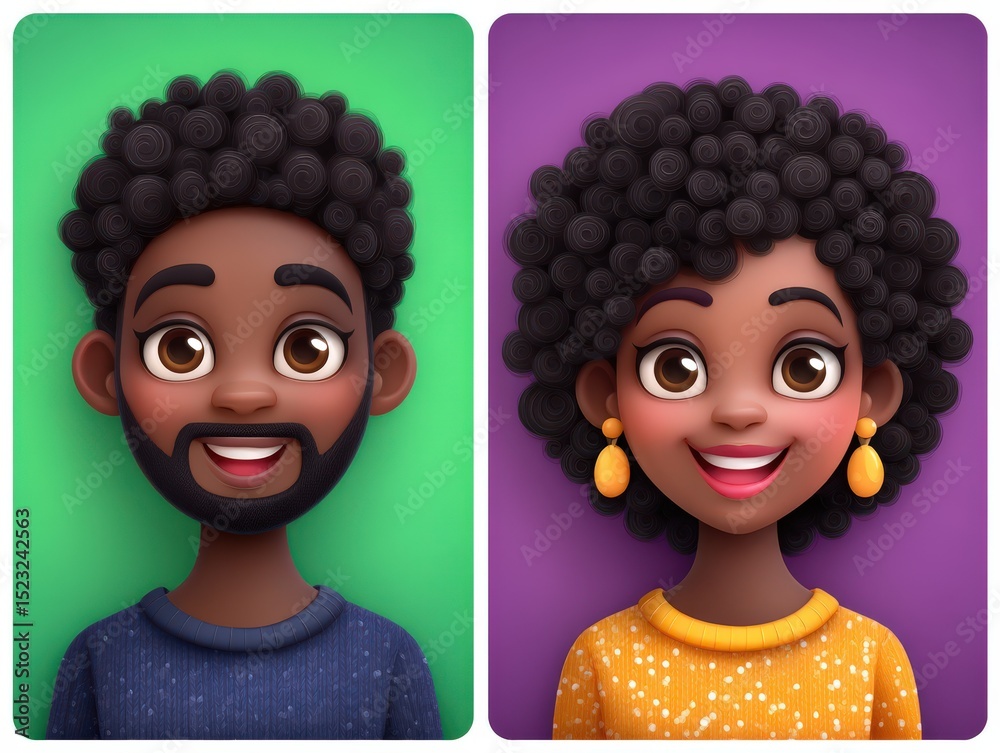 Fototapeta premium Cheerful young couple with curly hairstyles smiling against vibrant backgrounds showcasing joy creativity and happiness radiating warmth and connection in a joyful illustration