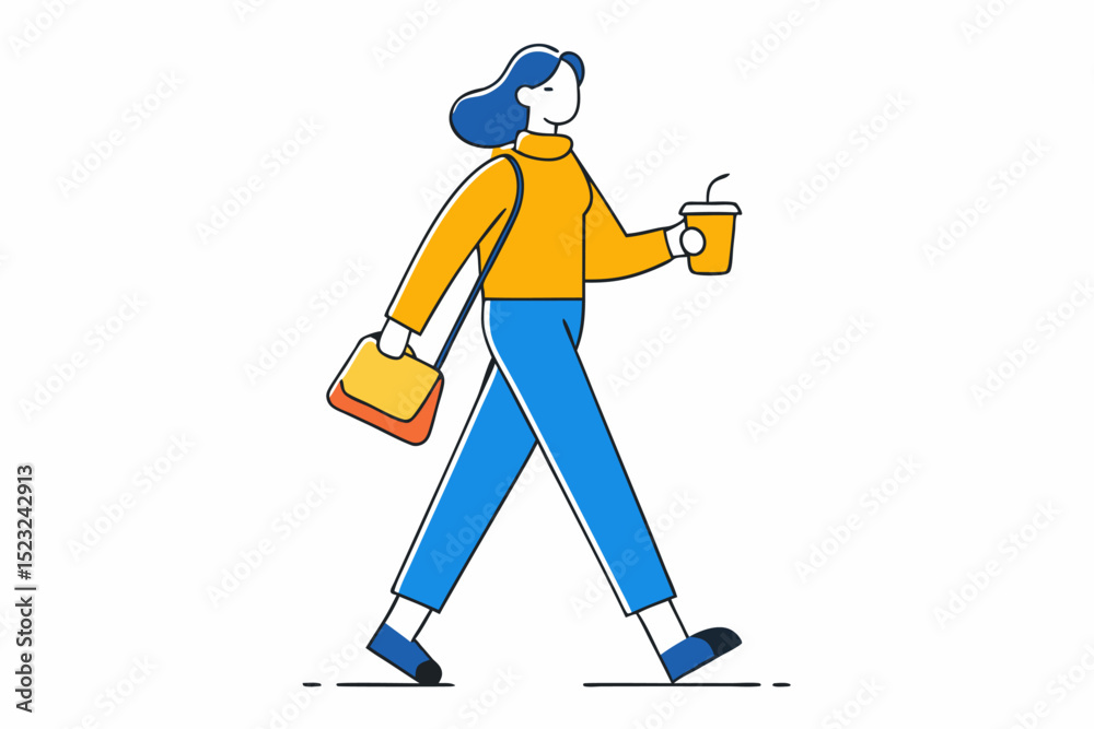 Obraz premium Woman walking, holding drink and bag, casual daily life scene, urban commuting or lifestyle concept, simple flat design, yellow and blue color scheme.